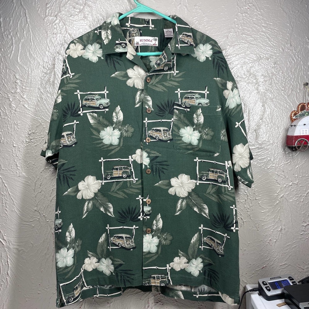 Summa Green Silk Button Down Men's Short Sleeve Textured Shirt size‎ Large